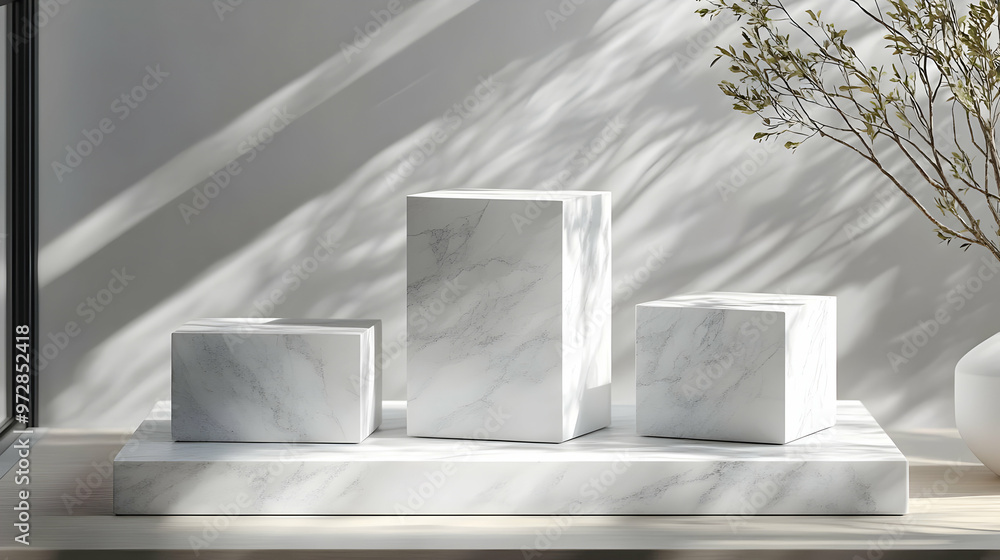 Poster a minimalist display of marble blocks on a light surface with soft shadows.