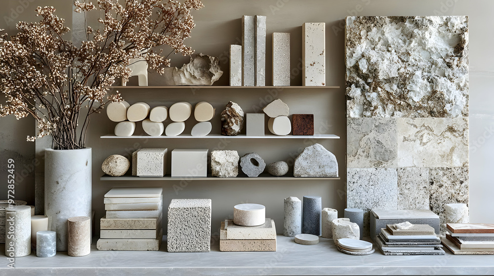 Poster a minimalist display of various textured materials and decorative objects on shelves.