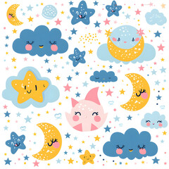 Image of cute celestial objects with faces, including stars, clouds, and moon. Cartoon graphic style on a white background. Concept of cheerful night sky elements