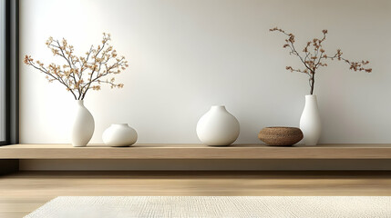 A minimalist display featuring vases and dried branches on a wooden shelf.