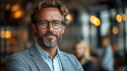Fototapeta premium A man in a suit with a beard and glasses smiles warmly at the camera