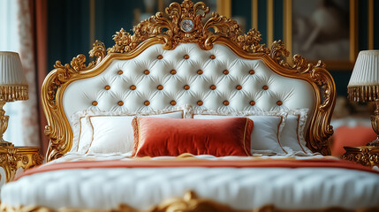 Luxurious vintage bedroom featuring an ornate headboard and a big bed, perfect for interior design inspiration for weddings or upscale events.