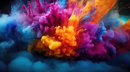 A vibrant explosion of colorful smoke and powder creates an artistic and dynamic visual effect.