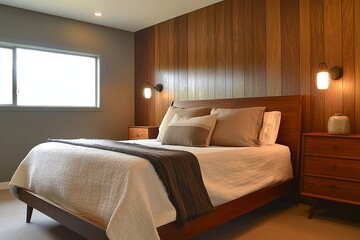 Fototapeta premium A mid century modern interior in a bedroom with a comfortable bed. Generative AI 