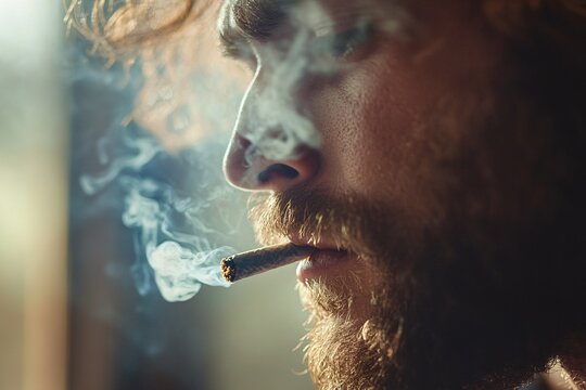 A man with curly hair and a beard smoking near a window in a cozy indoor setting during the late afternoon - Powered by Adobe