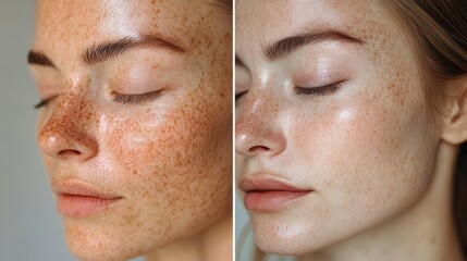 Before and after image of a womans face with freckles