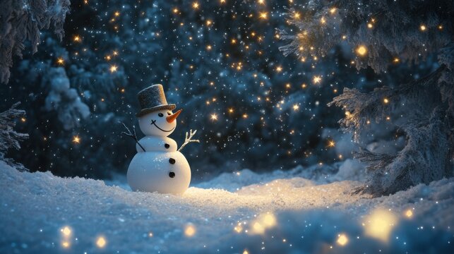 Magical winter night with a snowman and sparkling stars above, illuminating the snow
