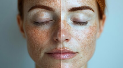 Close-up of a womans face showing skin imperfections before and after treatment