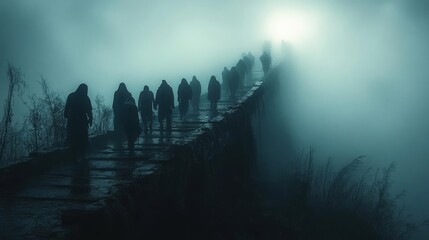 Silhouetted figures ascend a misty path towards an unseen light