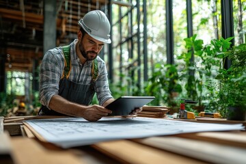 Construction Worker Examining Plans - Powered by Adobe