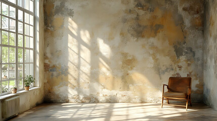 A minimalist room with a weathered wall and a single chair, illuminated by sunlight.