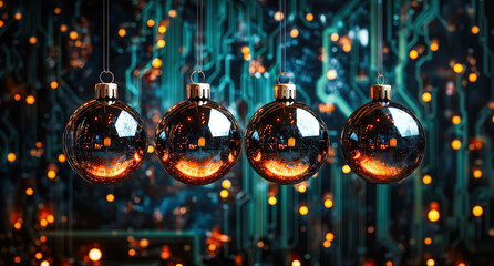 Bright glowing black christmas tree balls, illuminated circuit boards in the background. Dark technology holiday design.