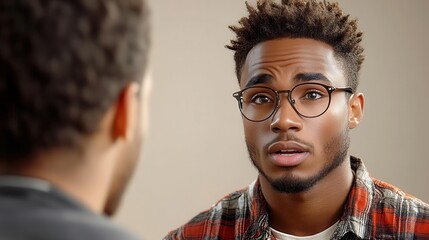 Young man with glasses in deep conversation