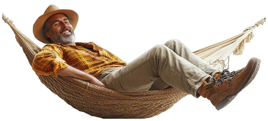 A man wearing a hat relaxes in a hammock