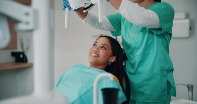 Nurse, happy woman and dentist check teeth for cleaning, oral hygiene and hands for dental wellness. Tooth whitening, orthodontics and prepare patient for root canal treatment for health at clinic
