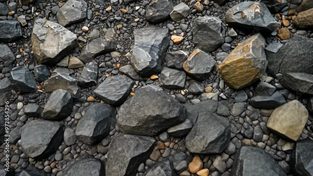 Poster exploring a rough asphalt surface with varying rock textures and colors in a natural setting