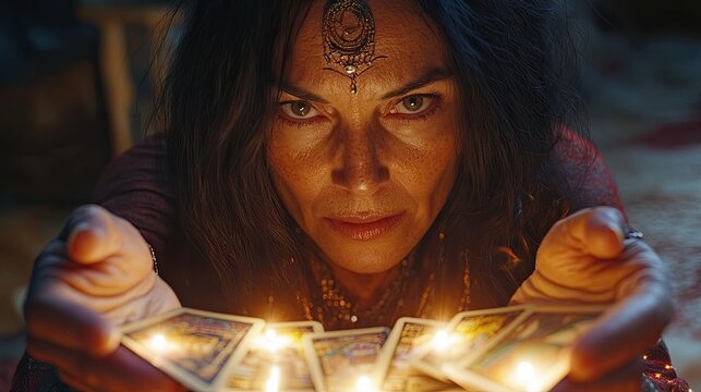 A tarot card reader interpreting the cards for a client, their eyes filled with wisdom and their voice filled with mystery.