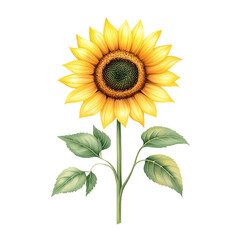 Obraz premium Vibrant sunflower with bright yellow petals and a rich brown center, surrounded by lush green leaves, symbolizing warmth and positivity.