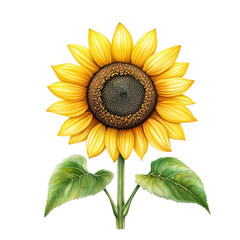 Fototapeta premium Vibrant sunflower illustration with yellow petals and green leaves, perfect for nature-themed designs and floral decorations.