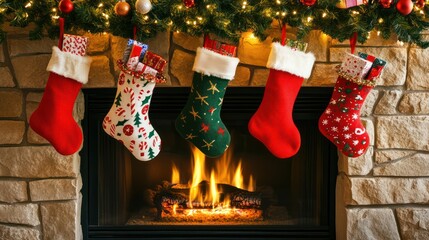 Christmas stockings in bright colors hang from a stone fireplace