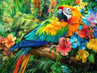 Obraz premium Create a captivating image of a brilliantly colored parrot resting on a tropical branch adorned with a cascade of vibrant, multicolored flowers