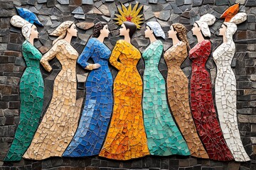 A mosaic of Soviet women in traditional attire, representing different republics of the USSR, symbolizing unity in diversity