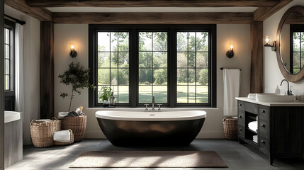 A modern bathroom featuring a freestanding tub, large windows, and natural decor.