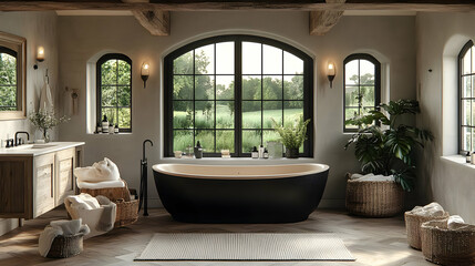 A modern bathroom featuring a freestanding tub, natural light, and greenery for relaxation.