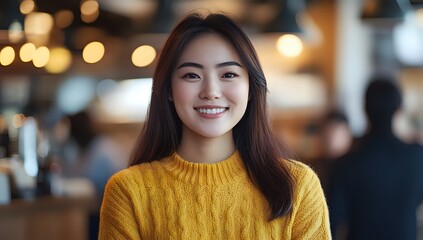 A young woman smiles warmly with a blurred background of lights and people.