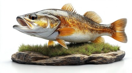 Obraz premium A detailed lifelike fish replica mounted on a rock with artificial grass