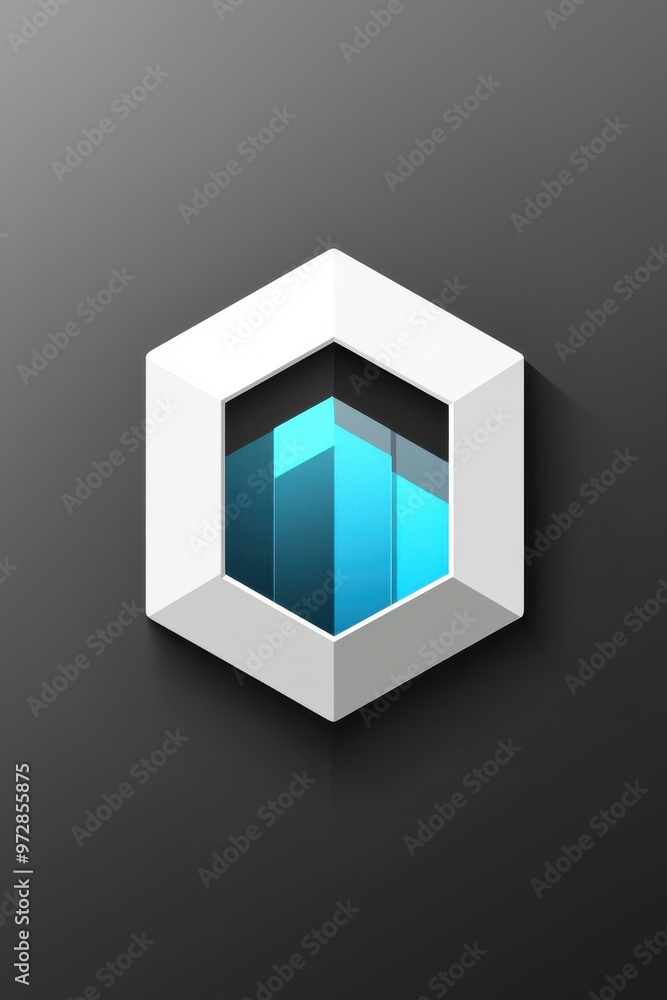 Poster modern white and blue hexagonal icon for app interface with geometric shapes on dark background