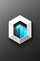 Modern white and blue hexagonal icon for app interface with geometric shapes on dark background