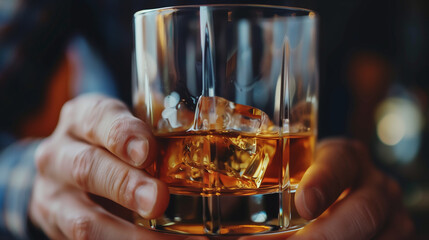 A man is holding a glass of whiskey with ice cubes in it