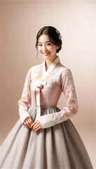 Beautiful young woman posing gracefully in traditional Korean hanbok decorated with delicate embroidery