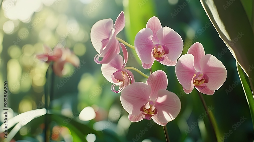 Canvas Prints A close-up of pink orchids in a botanical garden, with the delicate petals catching the light.