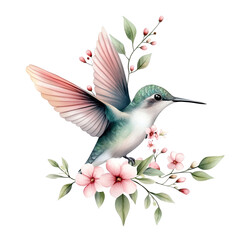 A vibrant hummingbird in flight surrounded by delicate pink flowers and green leaves, symbolizing nature's beauty and grace.