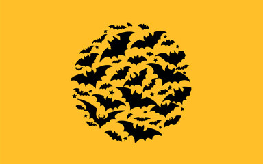 A vibrant Halloween design featuring an arrangement of black bats forming a circular pattern on a bold yellow background