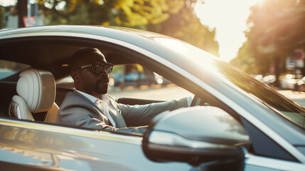 Naklejka premium A man in a suit is driving a silver car