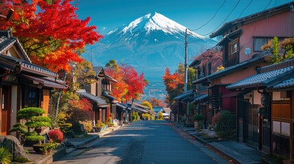Obraz premium colorful maple tree at small countryside town with antique traditional japanese house in autumn at Fuji mountain, Japan.