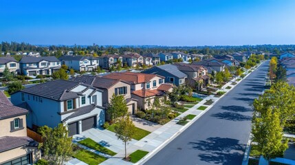 Modern suburban neighborhood with newly constructed homes, well-maintained streets,