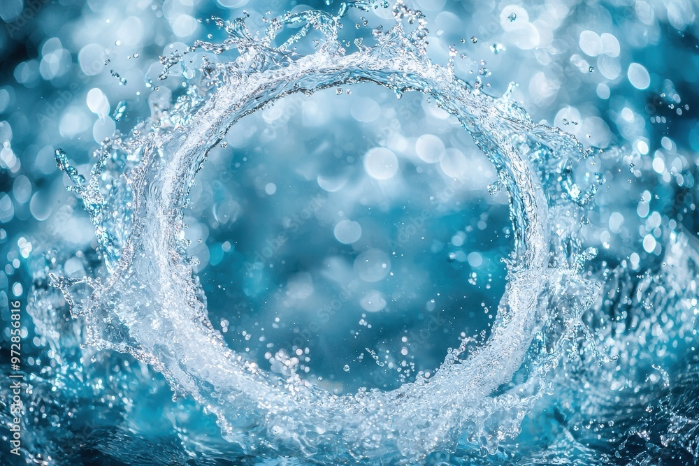 Poster dynamic splash of water forming a perfect white circle in the center with sparkling bokeh effect in 
