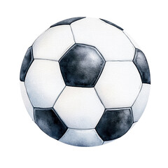 A realistic watercolor illustration of a soccer ball featuring classic black and white hexagonal pattern.
