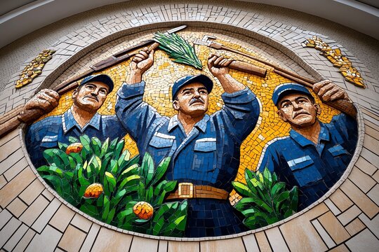 A mosaic of workers and farmers, proudly holding tools and crops, symbolizing the unity of labor and agriculture in the Soviet Union
