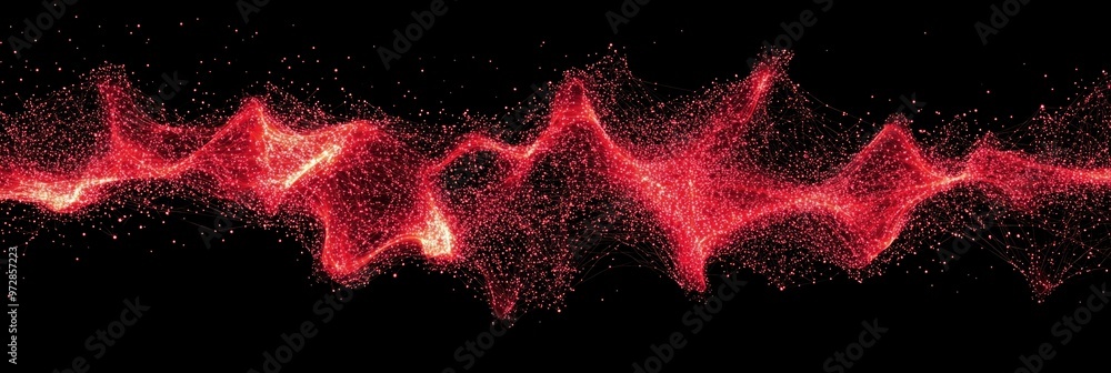 Poster stunning array of red particles dances gracefully across a dark background, creating a visual sympho