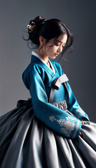 Beautiful young woman posing gracefully in traditional Korean hanbok decorated with delicate embroidery