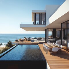 Fototapeta premium Stylish modern beach house with a swimming pool and terrace featuring a sea view, Lounge chairs on wooden deck at a vacation home or hotel, 3D illustration of an outside terrace of a contemporary