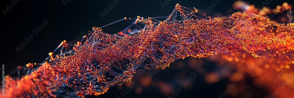 Poster striking composition showcases vibrant red particles intricately weaving through a dark backdrop, cr
