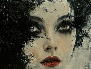Close-up portrait of a woman with dark hair and intense eyes, painted in a textured style.
