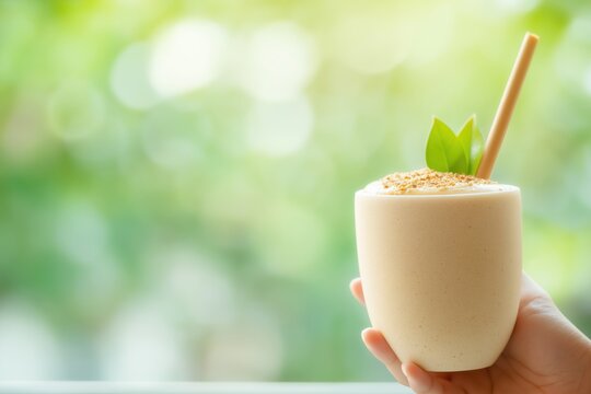 Fresh smoothie in ceramic glass, hand holding beverage, green blurred background - Powered by Adobe