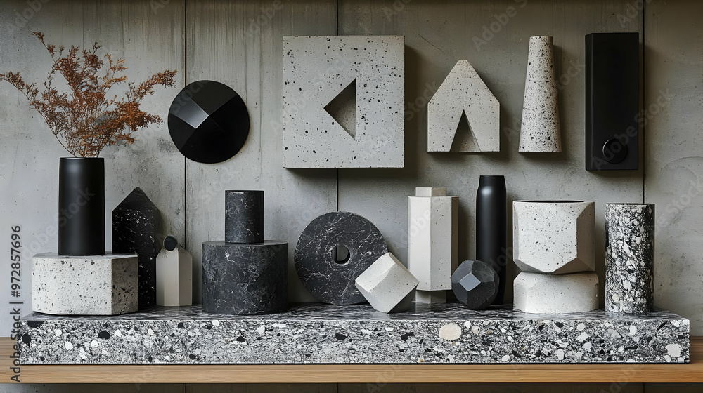 Poster a modern display of geometric shapes and textures in a minimalist setting.